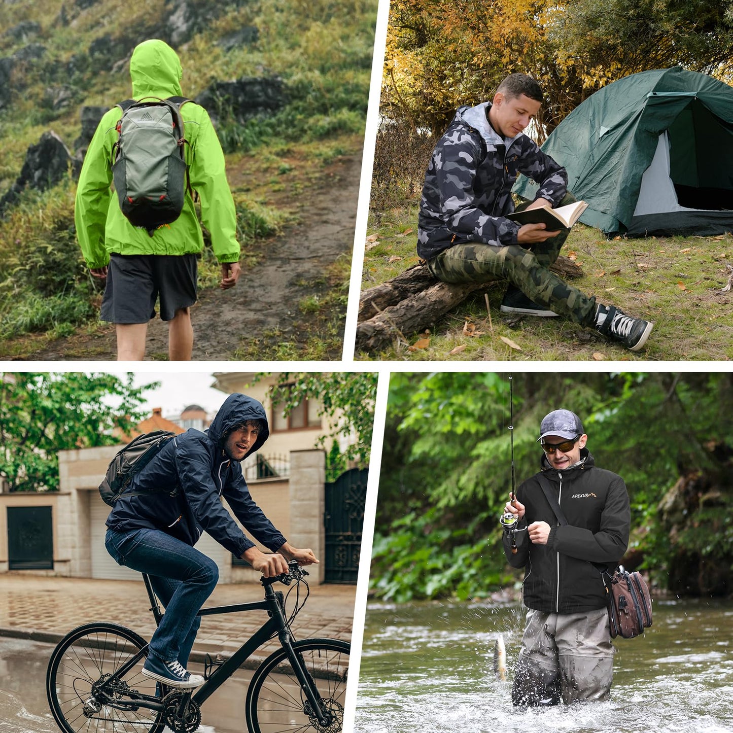 APEXUP Packable Rain Jacket Men with Reflective Zipper, Lightweight Waterproof Jacket Windbreaker Hooded Raincoat, Mens Rain Jackets for Outdoor, Running, Hiking, Travel, Cycling (Black, XL)