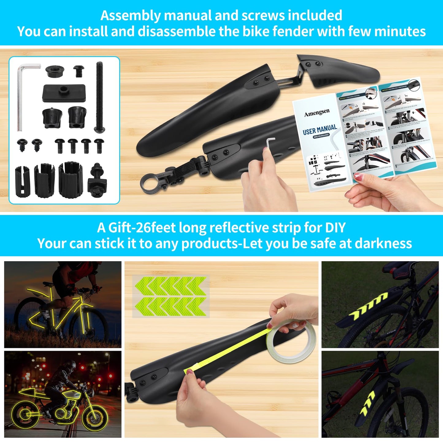 Amengsen Bike Fender Set with 26ft DIY Reflective Tape, Adjustable Bicycle Fenders for 24"/26"/27.5", 4 Parts-Universal Full Cover Thicken Widen, Front/Rear Mud Guards Fit for MTB Mountain Road Bike