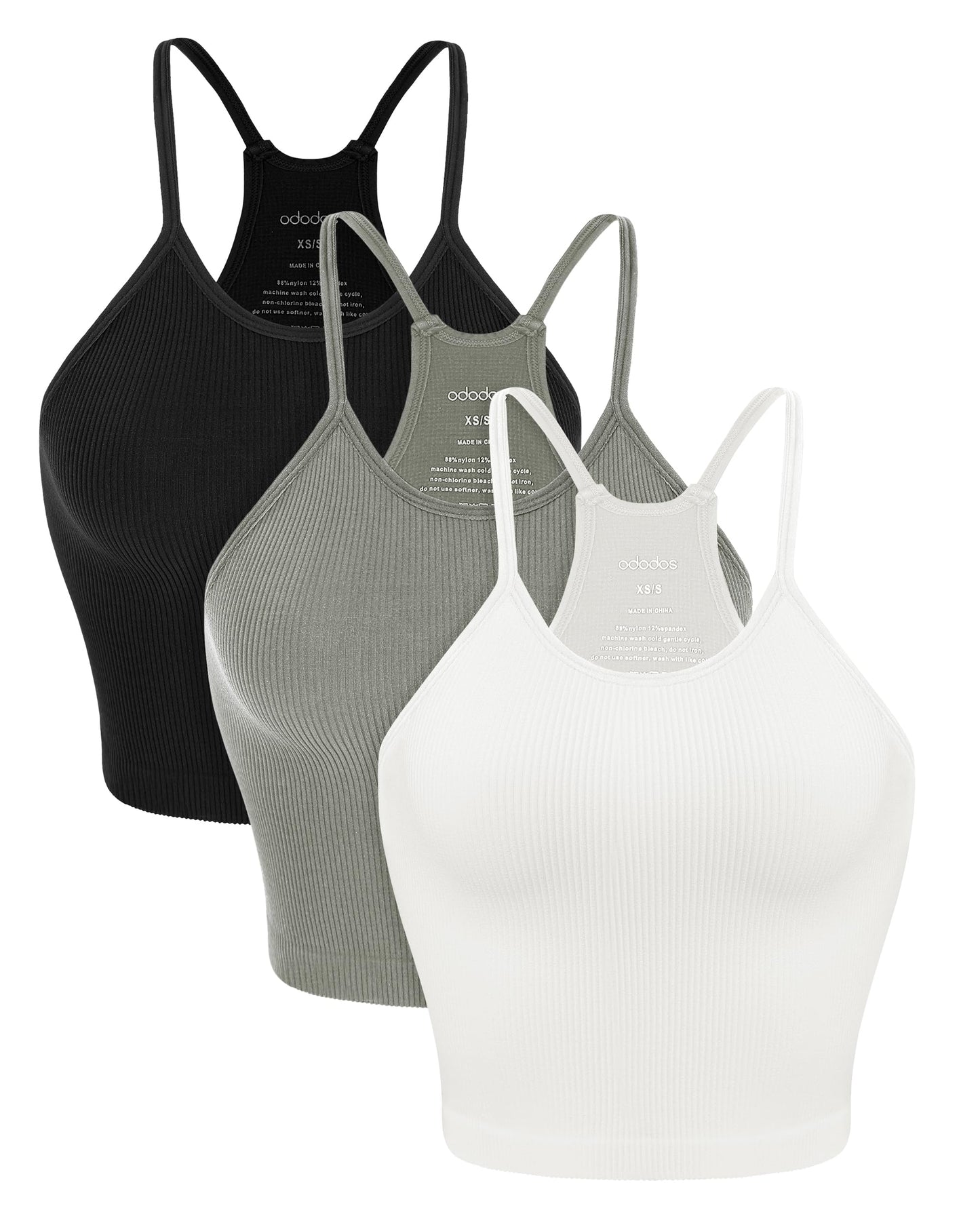 ODODOS Women's Crop Camisole 3-Pack Seamless Rib-Knit Crop Tank Tops, Long Crop, White Gray Black, X-Large/XX-Large