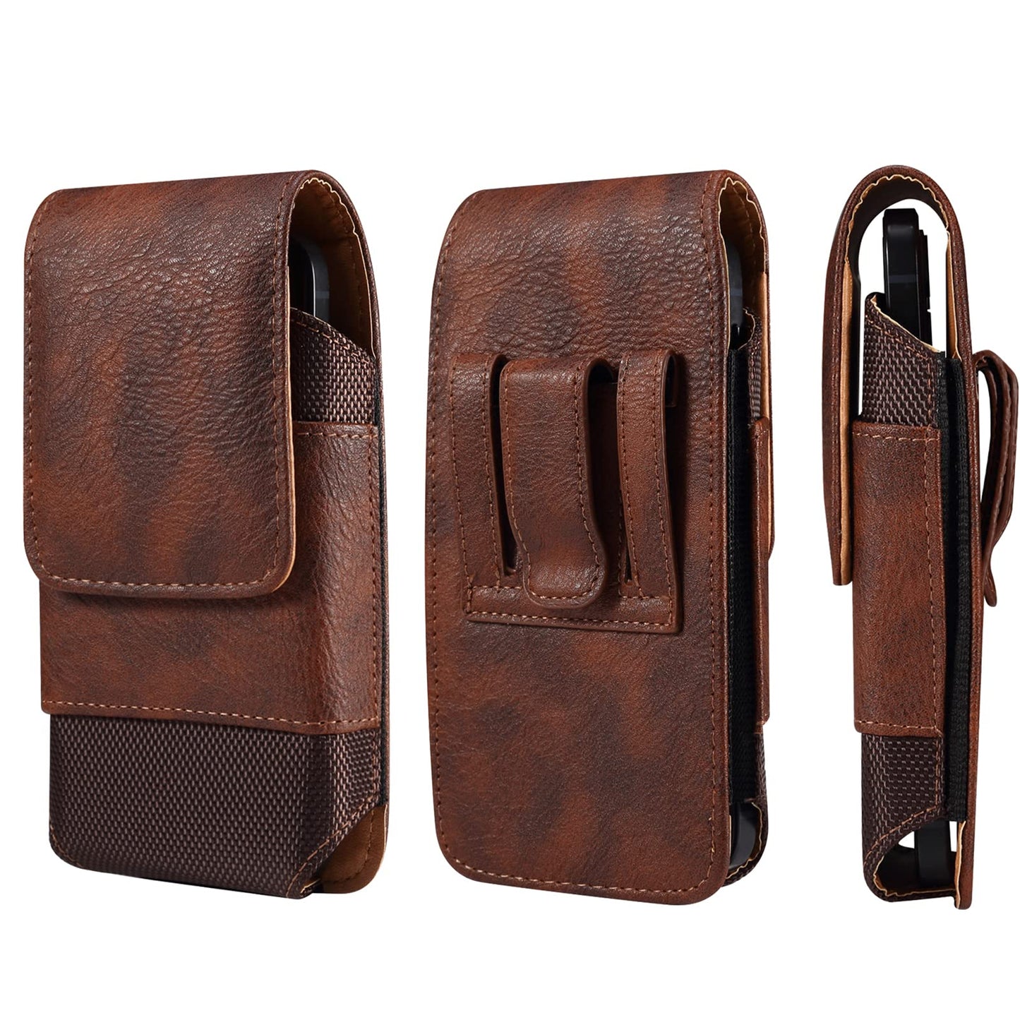 Vertical Cell Phone Waist Bag for Men, Mobile Phone Belt Pouch with Clip, Universal Mens Leather Phone Belt Clip Holder Smartphone Waist Pouch Fanny Pack Protective Wallet with Carabiner Belt Loop