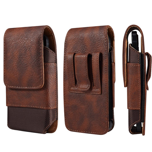 Vertical Cell Phone Waist Bag for Men, Mobile Phone Belt Pouch with Clip, Universal Mens Leather Phone Belt Clip Holder Smartphone Waist Pouch Fanny Pack Protective Wallet with Carabiner Belt Loop