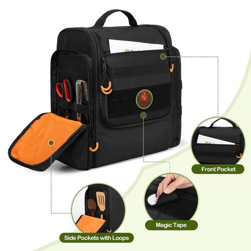 HODRANT Large Tactical Camping Kitchen Organizer, Hanging Cookware Storage Bag with Paper Towel Holder & Multi Pockets, Portable Camp Utensil Organizer for BBQ Cooking Essentials, Black, Bag Only