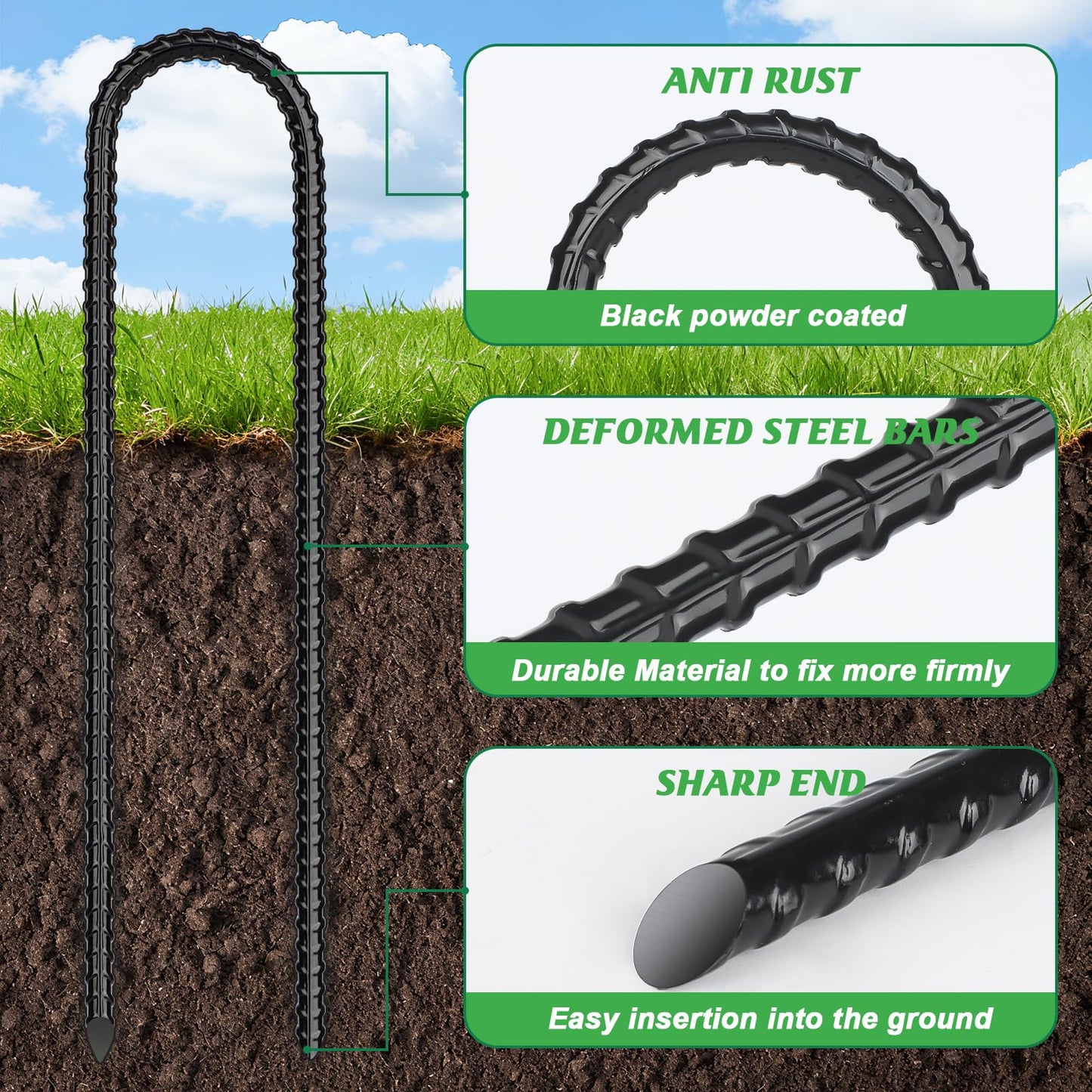 Gtongoko 8 Pack Trampoline Stakes, Trampoline Accessories, 12 Inch Ground Stakes Heavy Duty, Ground Anchors Screw in, Rebar Stakes, High Wind Tent Anchors, Galvanized Steel, U Shaped, Black