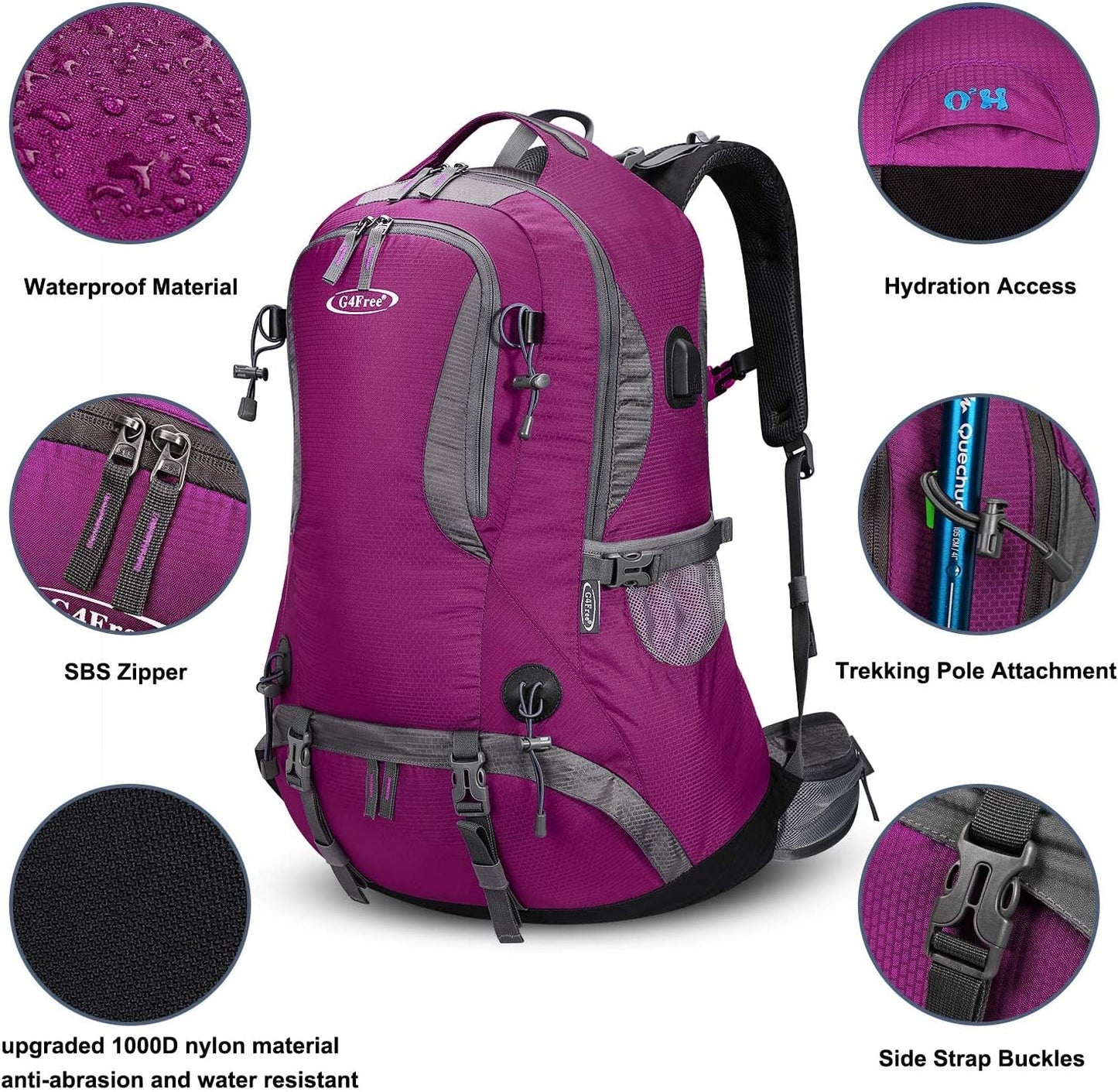 G4Free 50L Hiking Backpack Waterproof Daypack Outdoor Camping Climbing Backpack with Rain Cover for Men Women