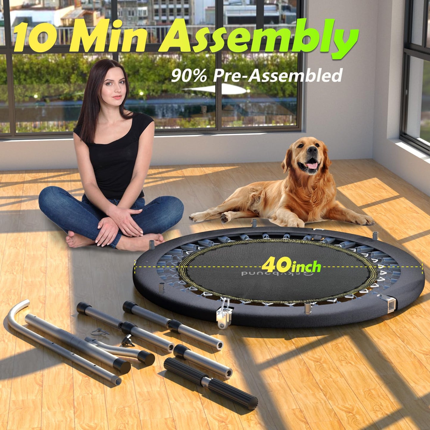 SkyBound Mini Trampoline Fitness Trampoline Fitness Rebounder with Adjustable T-Bar Handle - Exercise Trampoline for Adult - Fitness Trampoline for Workout Trainer