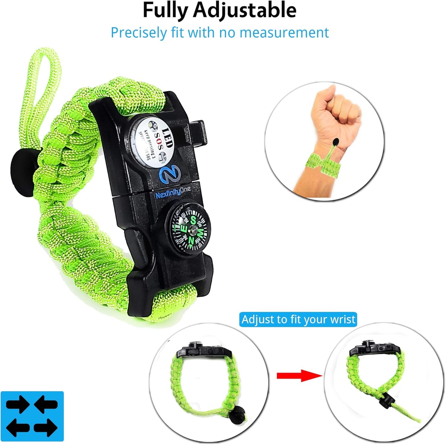 Survival Paracord Bracelet - Tactical Emergency Gear Kit with SOS LED Light, 550 Grade, Adjustable, Multitools, Fire Starter, Compass, and Whistle - Set of 2