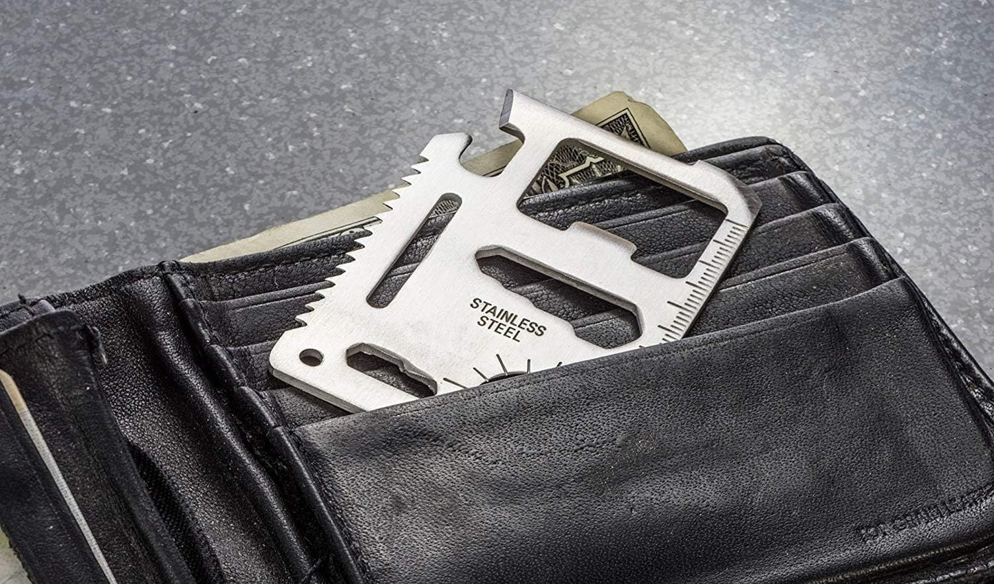 Stainless Steel Survival Pocket Tool - 11-in-1 Multipurpose Silver Beer Bottle Opener/Portable Wallet Pocket Size/Gifts for Men and Women(4-Pack)
