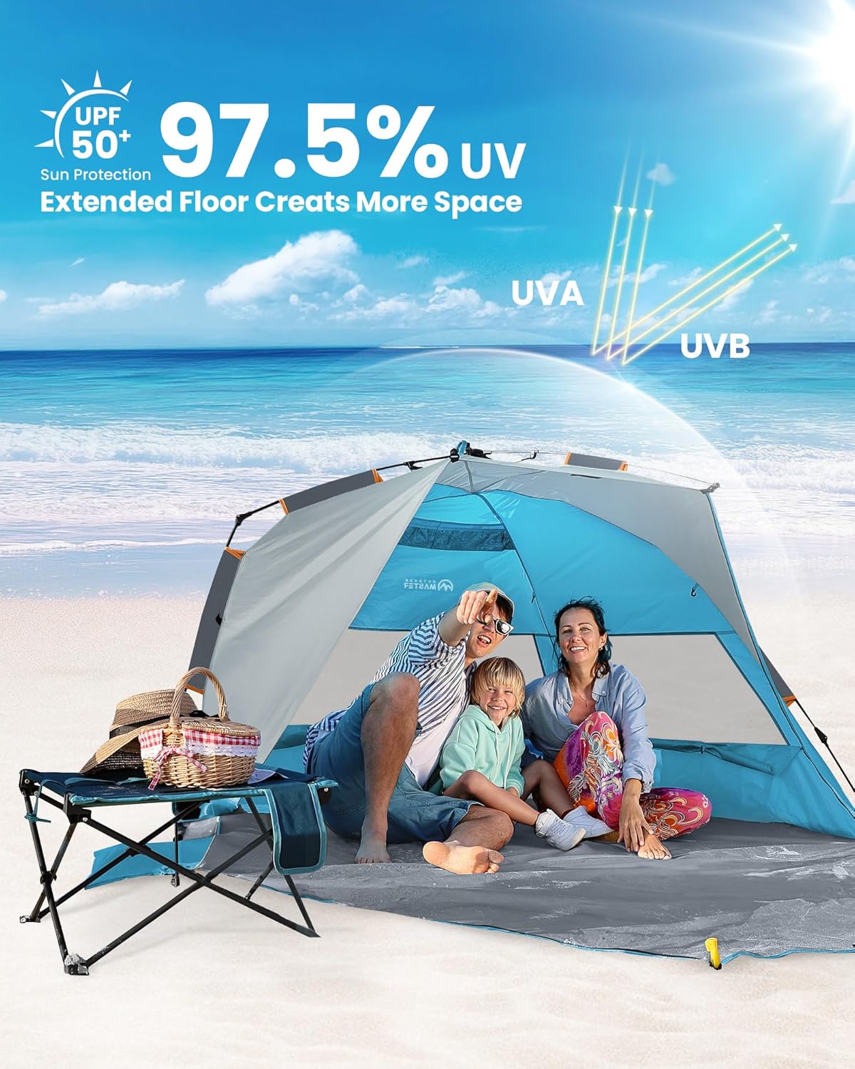 OutdoorMaster Beach Tent Sun Shelter for 3-4 Person, Pop Up Beach Tent Easy Setup with Sandbags, Portable Sun Shade Canopy with Carrying Bag for Beach & Outdoor, UPF50+ UV Protection, Family Size