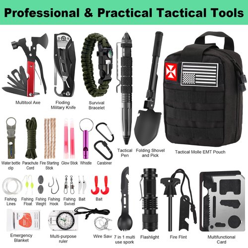Survival Kit 256 in 1, First Aid Kit Survival Gear Tools Trauma Kit with Molle Pouch for Outdoor, Camping, Hunting, Hiking, Earthquake, Home, Office, Gifts for Men Dad Husband Women (Black)