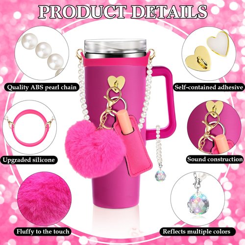 SiliFine Compatible with Stanley Cup 30&40oz Tumbler with Handle Accessories Including Silicone Water Bottle Handle Holder with Pearl Strap Beadable Charm Tumbler and Pompom Keychain(Rose Red,Classic)