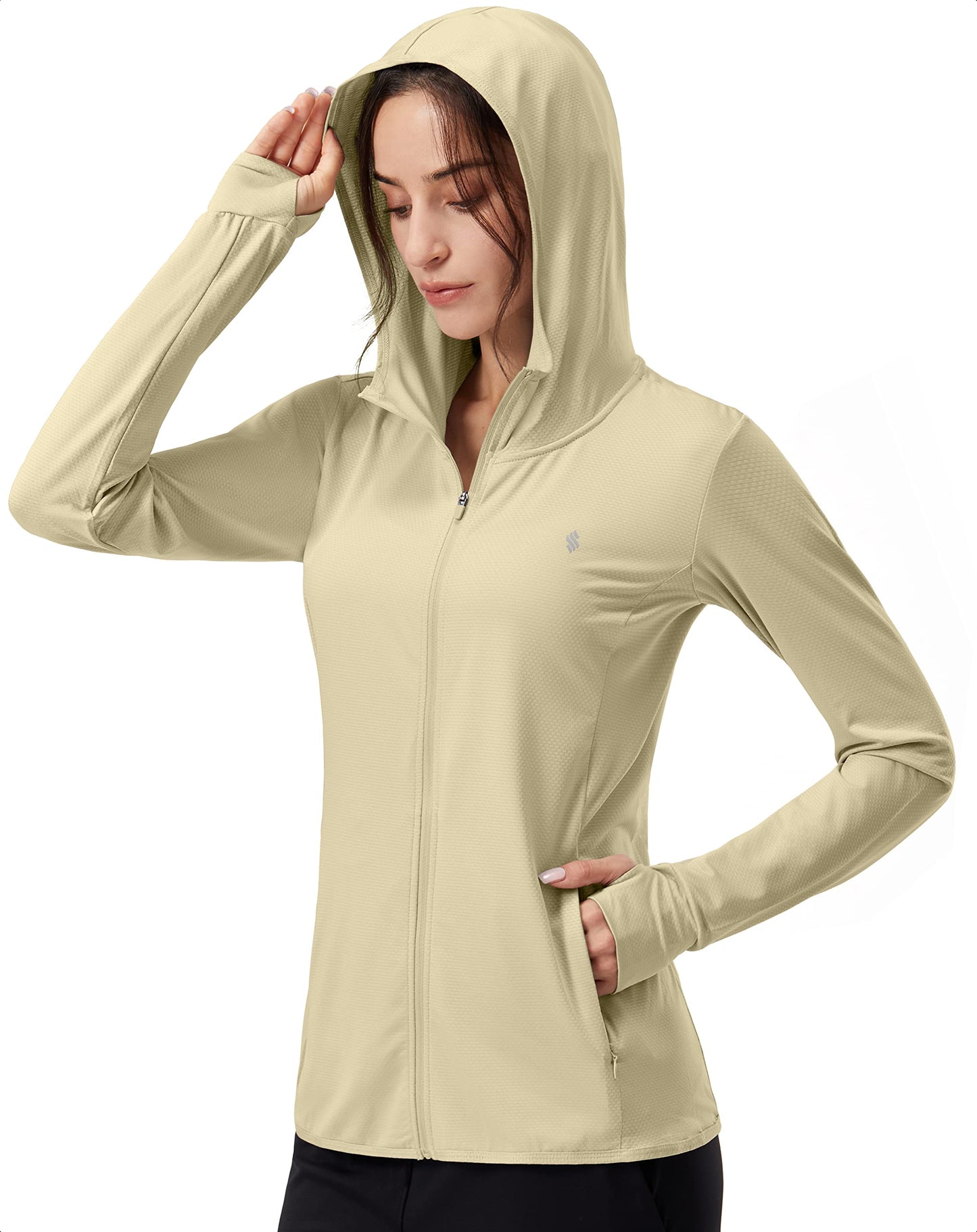 Soothfeel Women's UPF 50+ Sun Protection Hoodie Jacket Lightweight Long Sleeve Sun Shirt for Women with Pocket Hiking Outdoor(Khaki, XL)