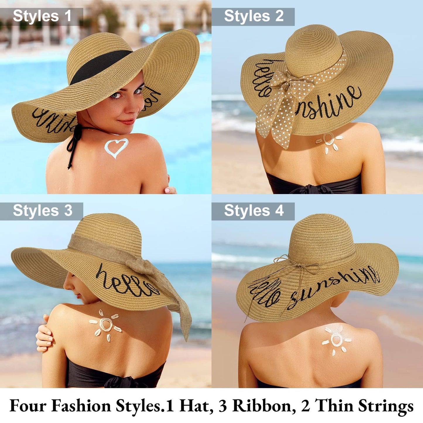 Senker Fashion Beach Hats for Women, Floppy Straw Sun Hat Embroidered Wide Brim for Summer Honeymoon Vacation Cruise Khaki