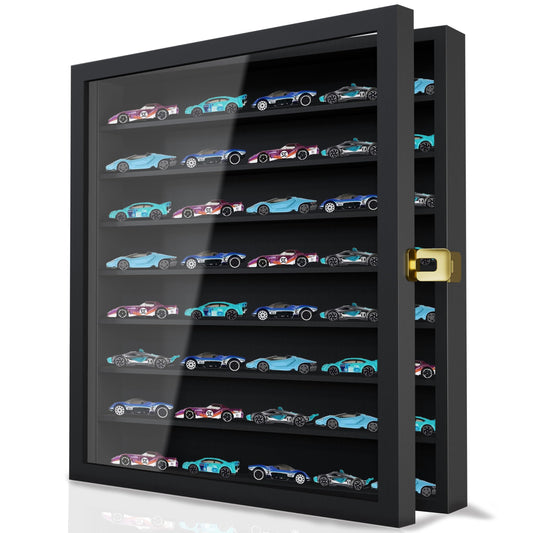 Large Display Case for 1/64 Scale Model Cars, Wall-Mounted or Freestanding Wood Display Cabinet for Hot Wheels, Rocks, Challenge Coins, Mini Toys, Minifigures, UV Protection Shadow Box, Black