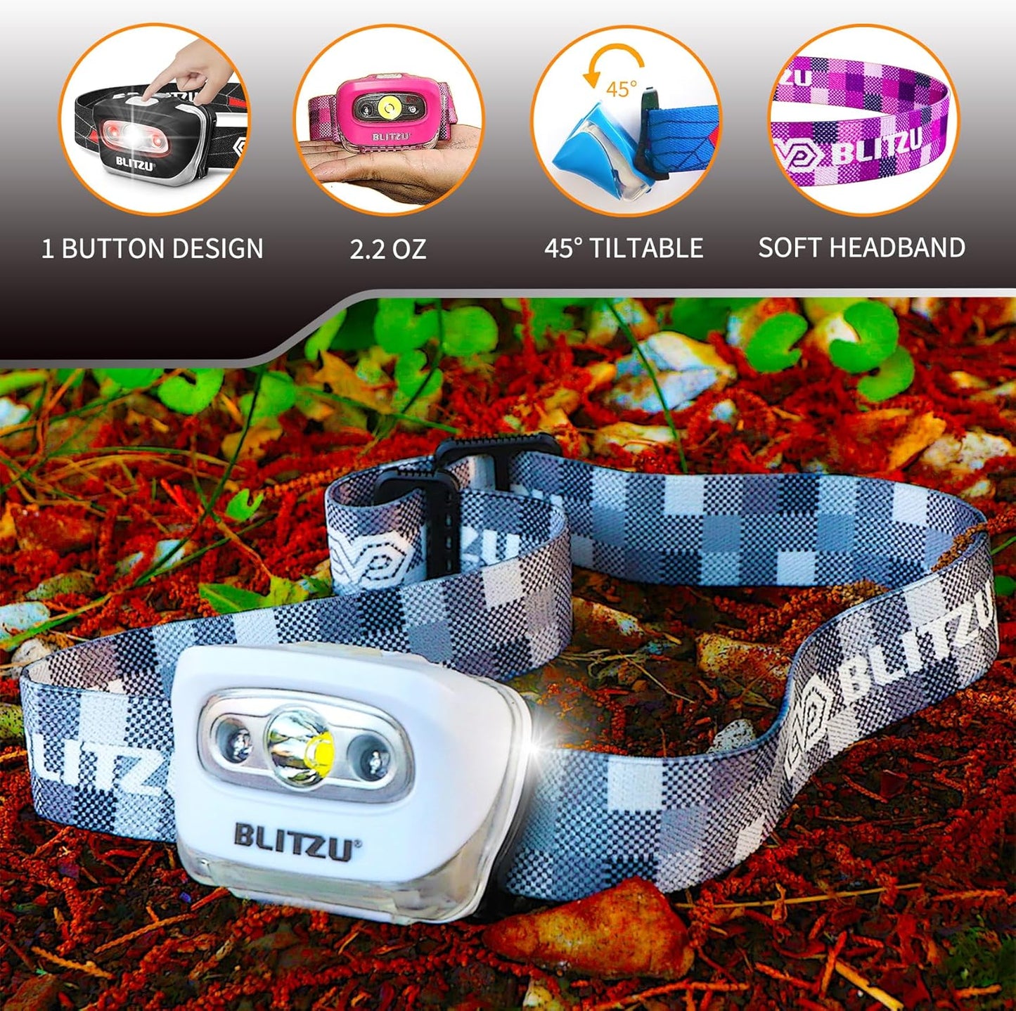 Waterproof LED Headlamp Flashlight for Adults & Kids - Lightweight, Comfortable, White & Red Light for Running, Camping & Hiking - 3 AAA Batteries Included, Purple