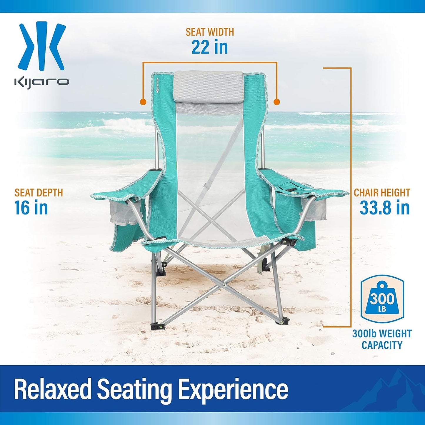 Kijaro Beach Sling Chair with Cooler Pocket - Various Fun Colors & Patterns - Perfect Beach Folding Chair and Camping Chair - Includes a Detachable Pillow