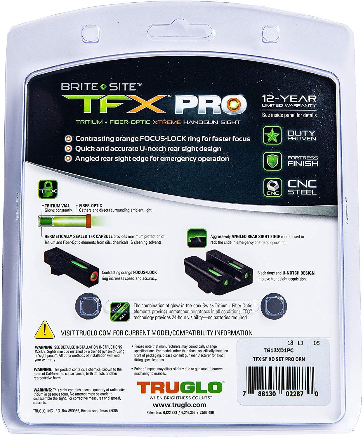 Truglo TFX PRO Night Sight for Handguns - Glowing Tritium & Fiber Optic, Compact & Durable