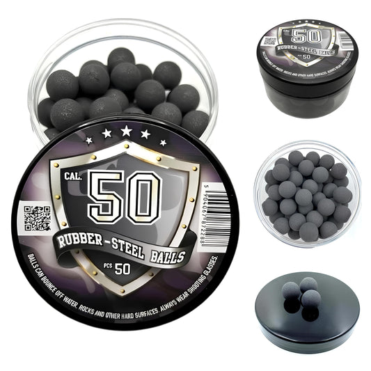 50 x Premium Quality Hard Rubber Steel Balls 2.7 Grams Heavy Reusable Projectiles Paintballs Reballs Powerballs for Training Home and Self Defense Pistols in 50 Caliber