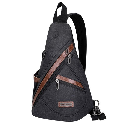 WITZMAN Canvas Sling Bag for Men Women Convertible Sling Backpack Crossbody Vintage Chest Bag Travel Casual Daypack（A8003 Black）