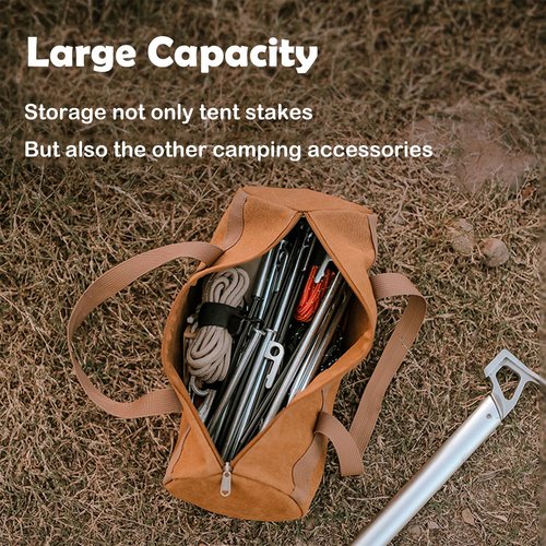 Tentogala Tent Stakes Bag, Double Layer Tent Pole Pegs Storage Bag, Camping Accessories Large-Capacity Canvas Tool Bag with Zipper for Man Camping, Hiking (35cm Khaki)