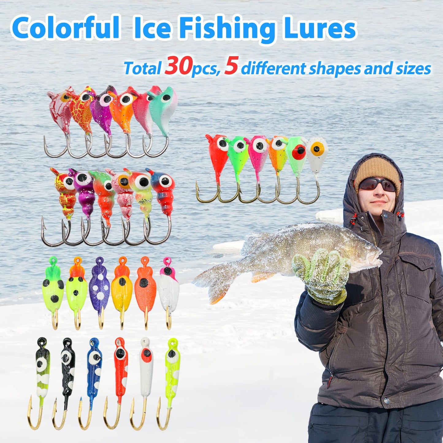 FishTrip Ice Fishing Jigs Kit, 30Pcs Glow Ice Fishing Lure Set for Winter Ice Jigging Crappie Sunfish Perch Panfish Walleye Pike Jigs, Ice Fishing Gear with Storage Box