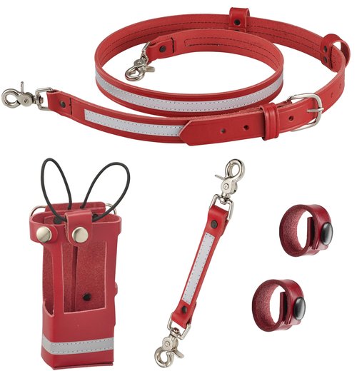 Shield Wallets Firefighter Reflective Radio Strap and Holder Red Leather Bundle Set Includes Radio Holster with Chrome Snaps, Sway Strap, Cord Keepers