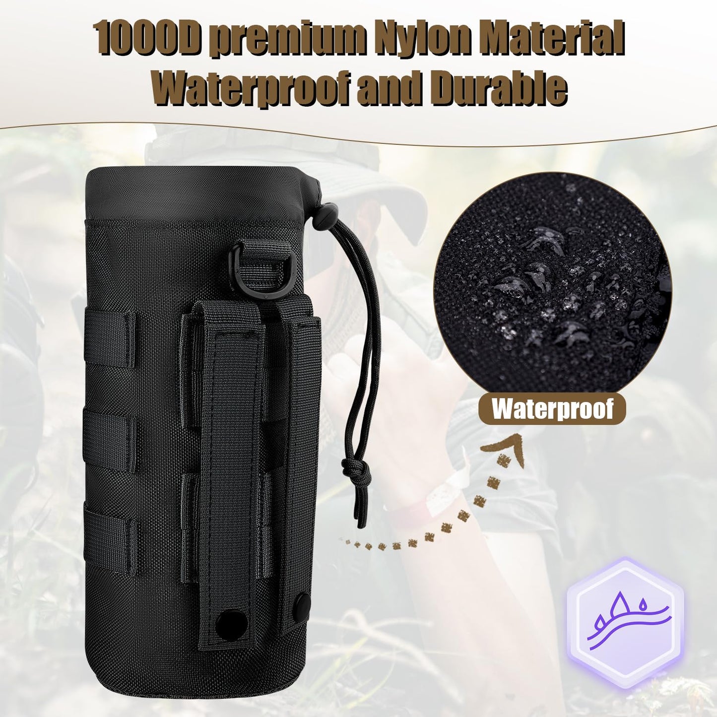 PEUTIER 2pcs Molle Water Bottle Holder, 1000D Nylon Sports Molle Bottle Pouch Carrier Bag with Drawstring Top Mesh Bottom Practical Molle Cup Holder for Outdoor Camping (Black)
