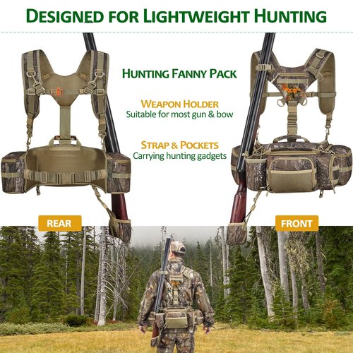 NEW VIEW Hunting Fanny Waist Pack for Men, Camo Waist Bag for Hunter, Backpack with Rifle, Shotgun, and Bow Holder (Upgrade)