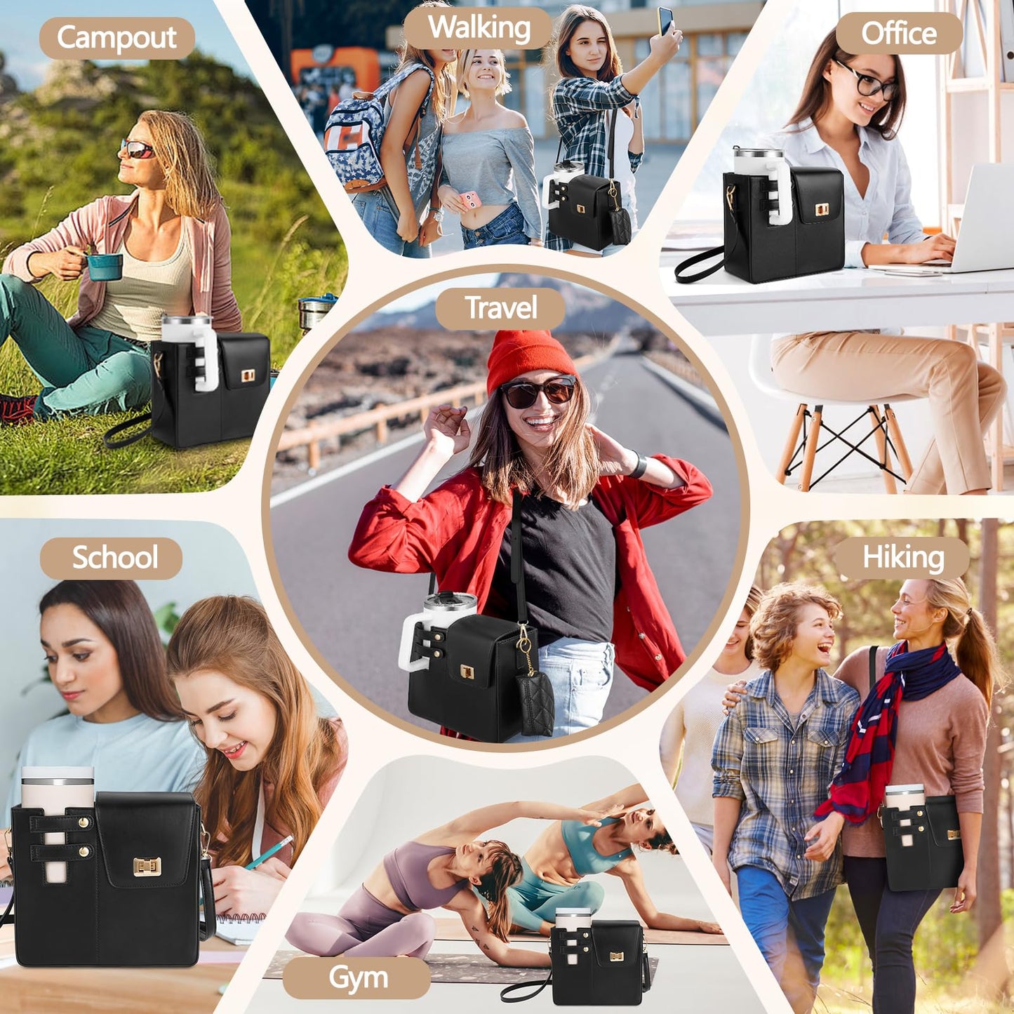 FACULX Outdoor Portable Crossbody Water Cup Storage Bag, Adjustable Crossbody Cup Holder Bag with Coin Purse and 2Pcs Replaceable Bag strap for Travel Daily Use (Black)