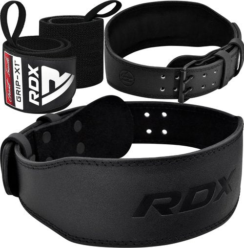RDX Weight Lifting Belt Gym Fitness, Cowhide Leather, 4” Padded Lumbar Back Support, 10 Adjustable Holes with Weightlifting Wrist Wraps, IPL USPA Approved, 18" Professional Quality Wrist Support
