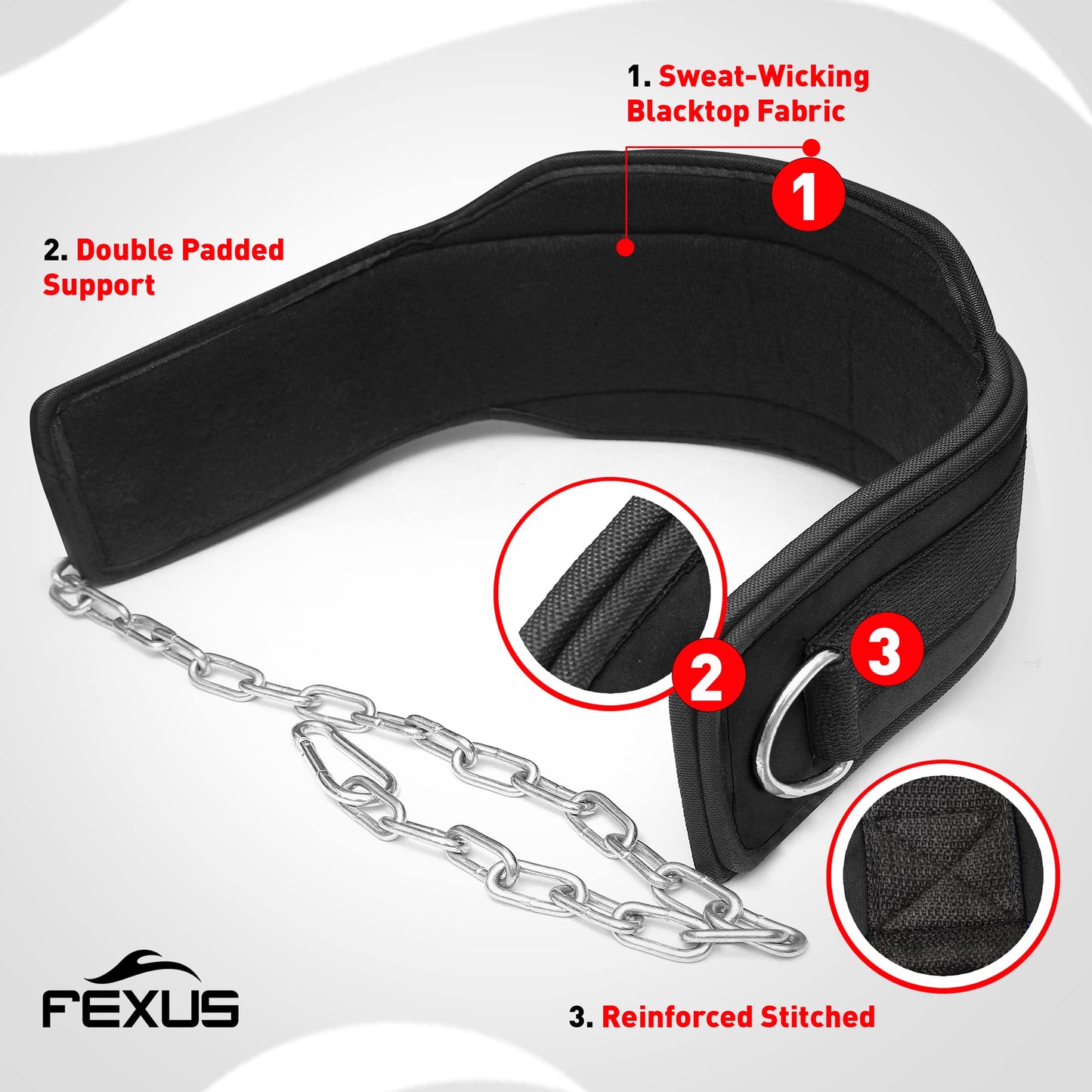 Fexus Dip Belt forWeightlifting, Gym Weight Belt for Men Women- Professional Dip Squat Bodybuilding Heavy Duty Steel Chain Workout Belt with Convenient Neoprene Support (Black)