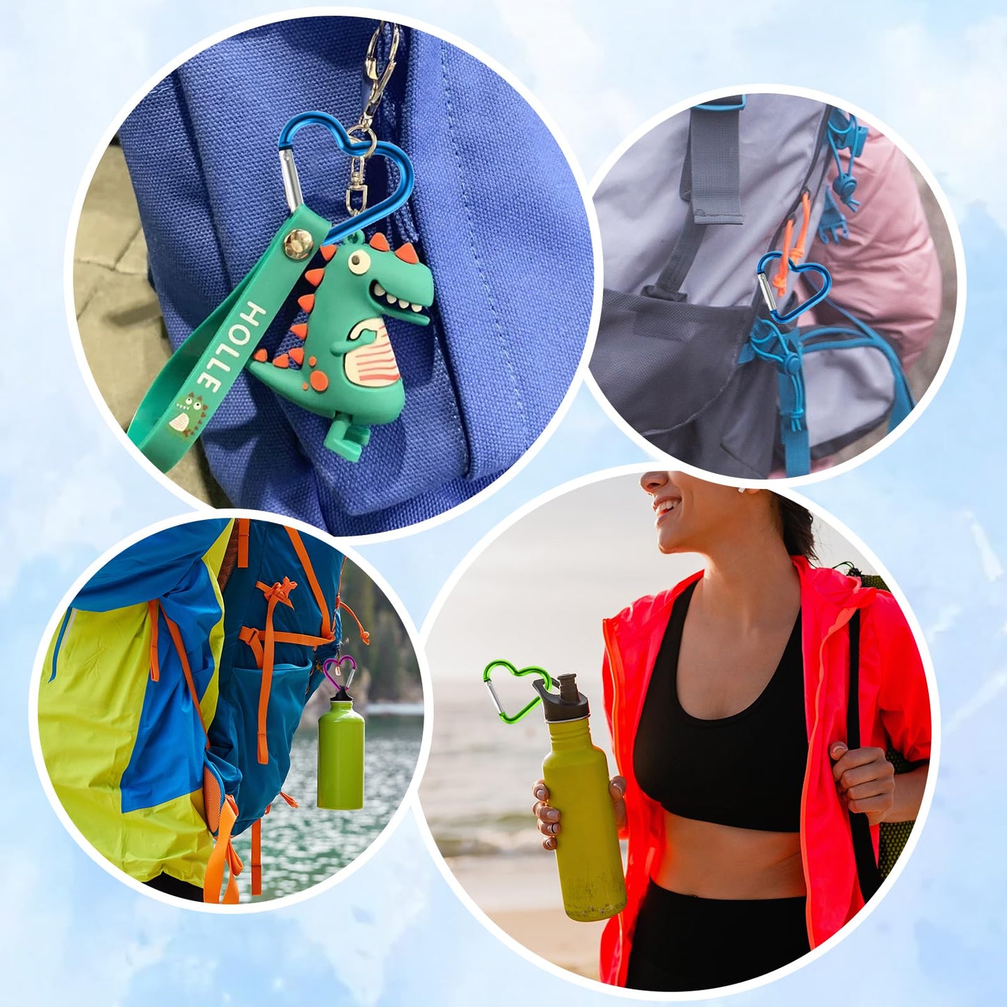 10PCS Heart Shaped Carabiner Keychain Clip Set - Aluminum Ring Climbing Clips for Hammock, Dog Leash, Water Bottle Holder and Keys