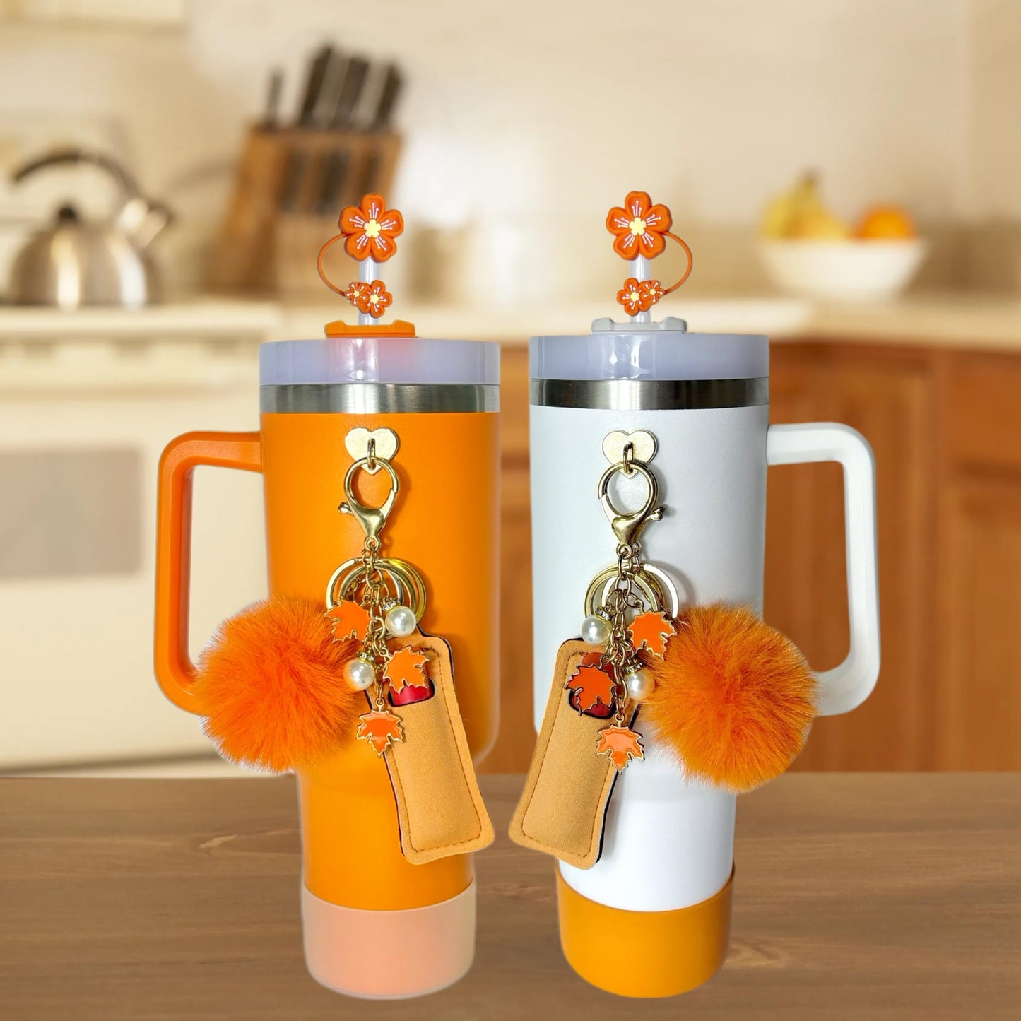 Accessories for Stanley Cup 40oz,2 Silicone Boots for Stanley Tumbler,1 Flower Straw Cover Topper,2 Charms Hooks,1 Lipstick Holder Bag,1 Pompom Ball,1 Cute Keychain Charm(Orange,No Bottle)