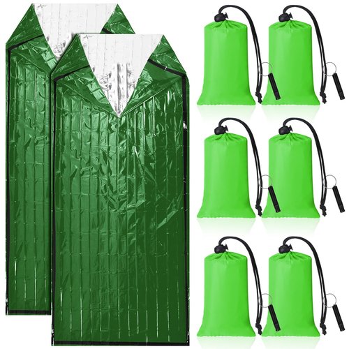 Qunclay 6 Set Emergency Sleeping Bag Portable Bivy Sack with Whistles Thermal Waterproof Survival Bag Foldable Lightweight Emergency Supplies for Outdoor Travel Camping Hiking(Green)