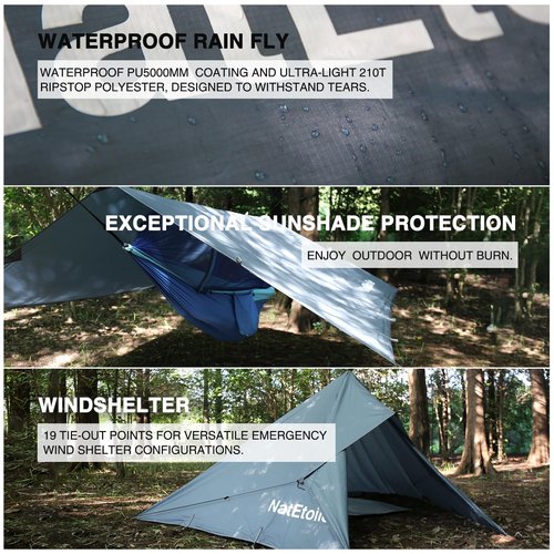 NatEtoile Waterproof Camping Tarp - PU5000mm Coating Rain Fly for Hammock Cover, Tarp Tent, Versatile with 19 tie-Outs - Portable, Essential for Backpacking and Camping Gear - 10x10ft