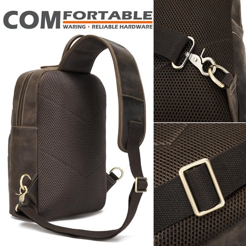 nomeity Men's Full Grain Crossbody Retro Leather Sling Bag For Men Outdoor Travel/Hiking Shoulder Chest Daypack For iPad Pro 12.9