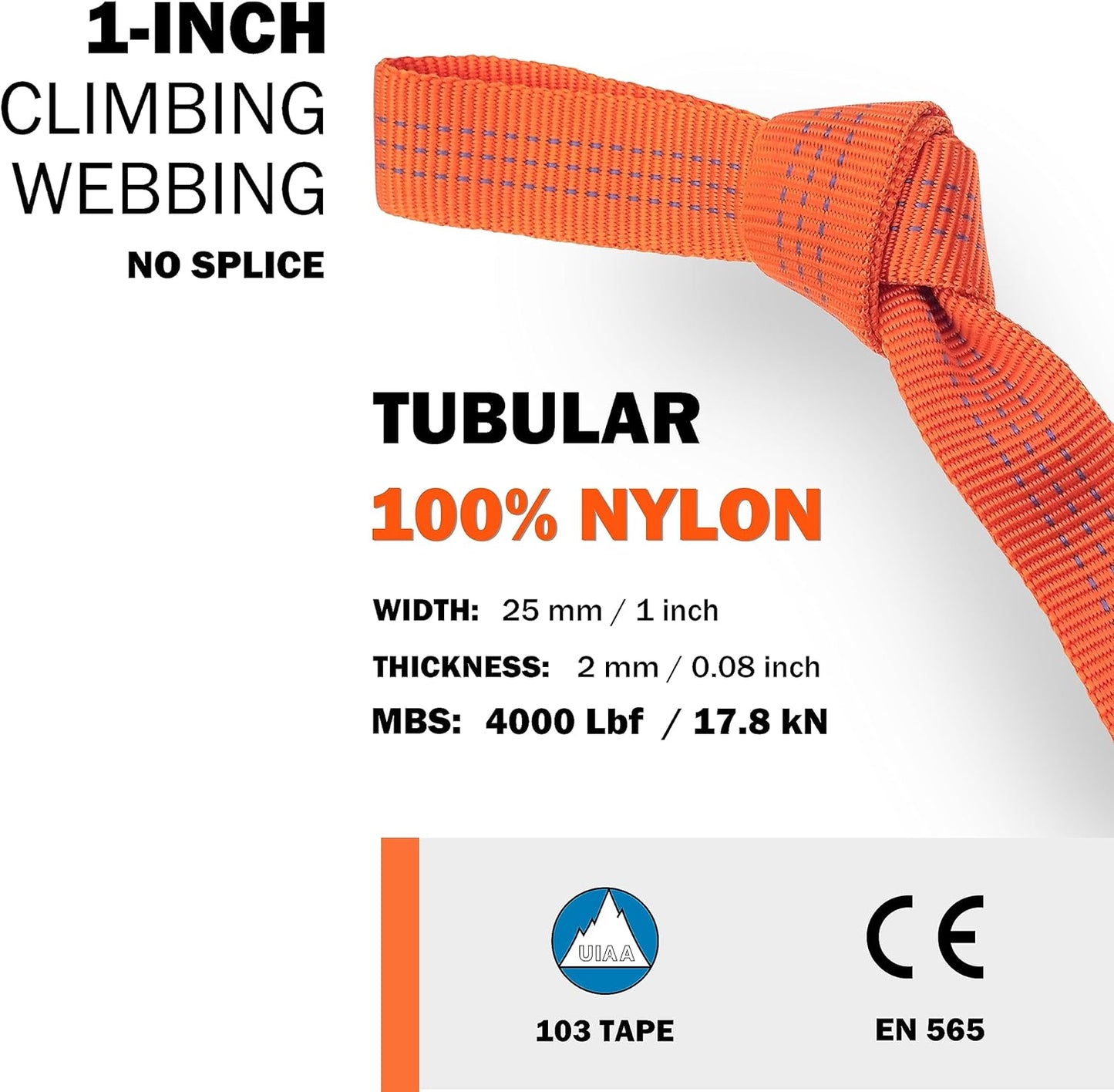 GM CLIMBING 1 inch Nylon Tubular Webbing Tape CE UIAA Certified 4000lb Heavy Duty for Climbing Rescue Rope Works Survival Outdoor General Purposes