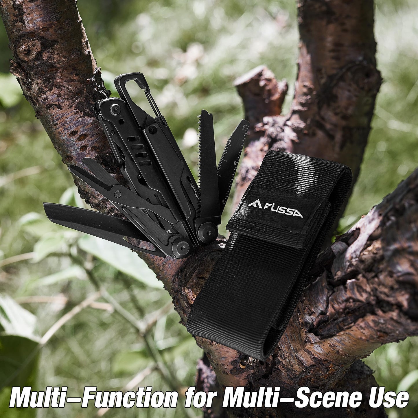 FLISSA 15-in-1 Multi-tool Pliers with Sheath, Portable Pocket Knife with Safety Locking System, Belt Clip and Sheath for Outdoors, Survival, Camping, Fishing, Hunting