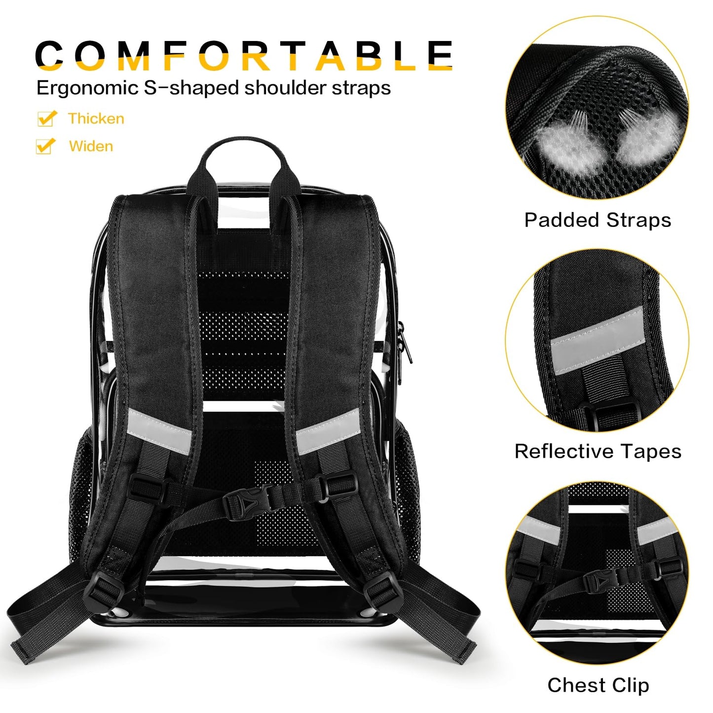 GEAMSAM Clear Backpack Transparent Heavy Duty Bookbag See Through Bag with Reinforced Bottom for College, Travel, Workplace Security - Black