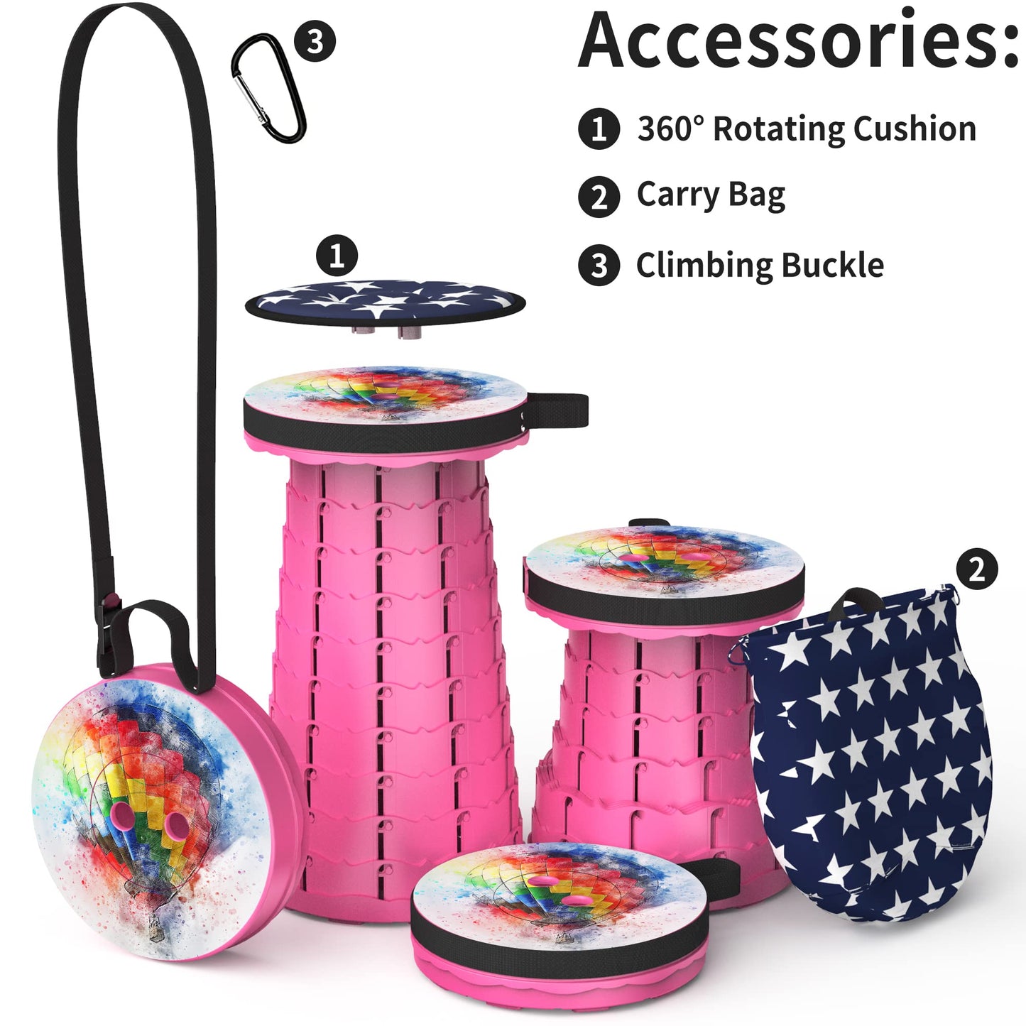 ALEVMOOM Upgraded Telescoping Collapsible Stool with Cushion, Folding Stool with Printing Portable Retractable Foldable Seat Max Load 550lbs for Adults Camping Fishing Outdoor