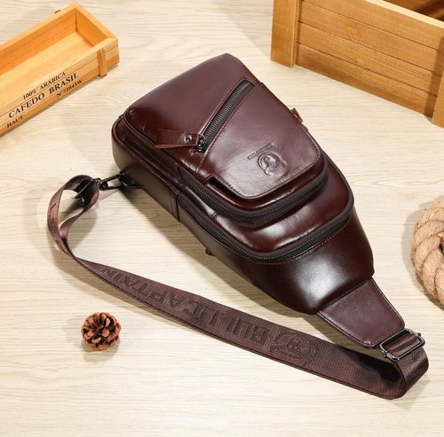 BULLCAPTAIN Mens Leather Sling Bag Backpack Casual Outdoor Shoulder Crossbody Chest Bag with USB Charging Port (Coffee)