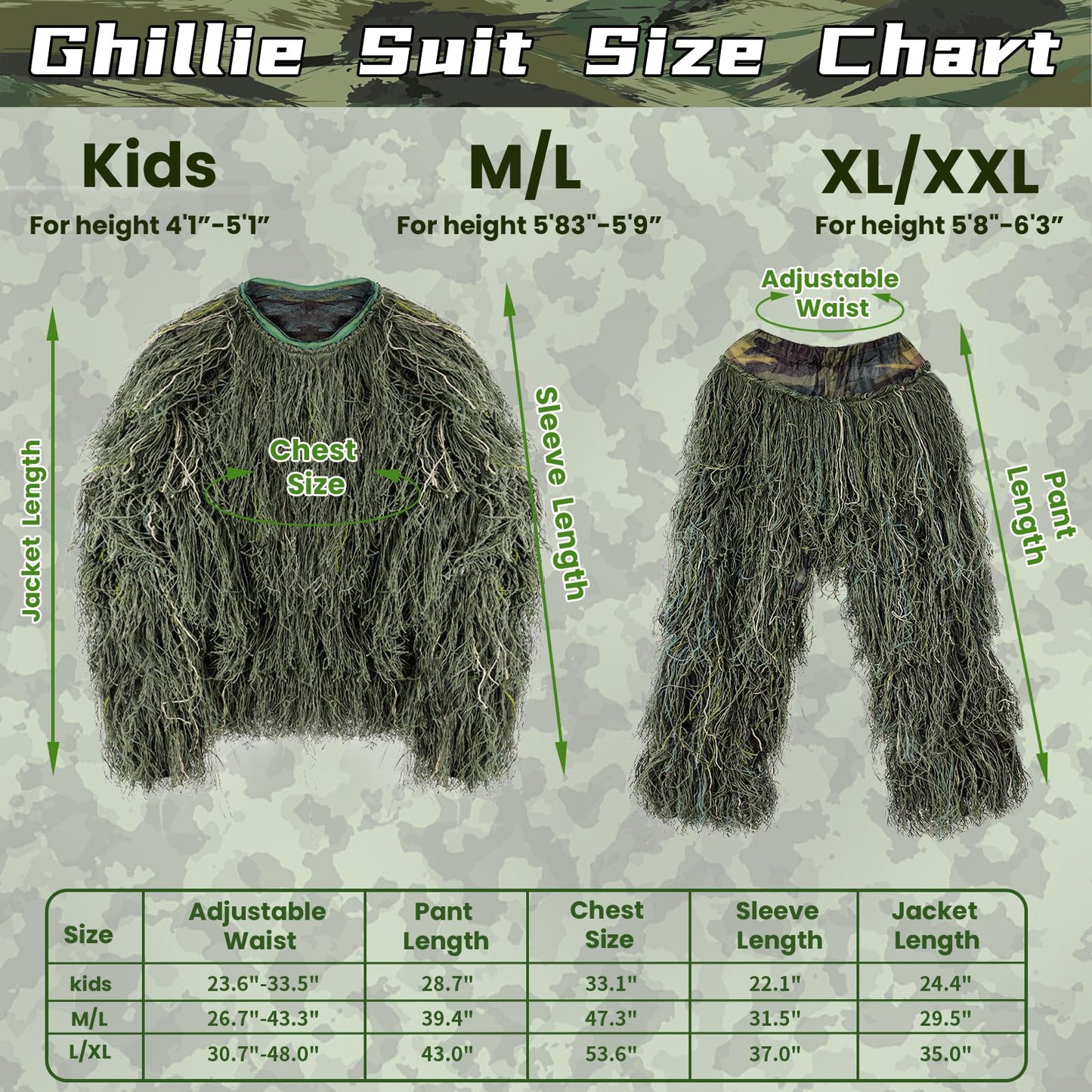 5 in 1 Ghillie Suit, 3D Camouflage Hunting Apparel, Suitable for Hunting, Sniper, Halloween Costume (SM,ML,XL)