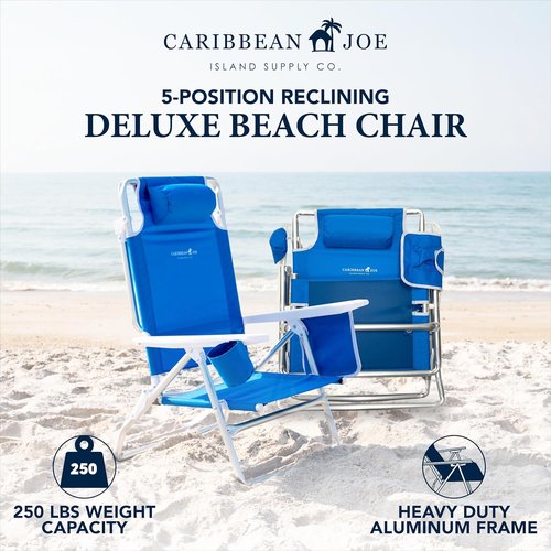 Caribbean Joe Folding Beach Chair, 5 Position Lightweight, Portable Reclining Outdoor Camping Chair with Headrest, Shoulder Strap, and Cup Holder, Bold Stripe