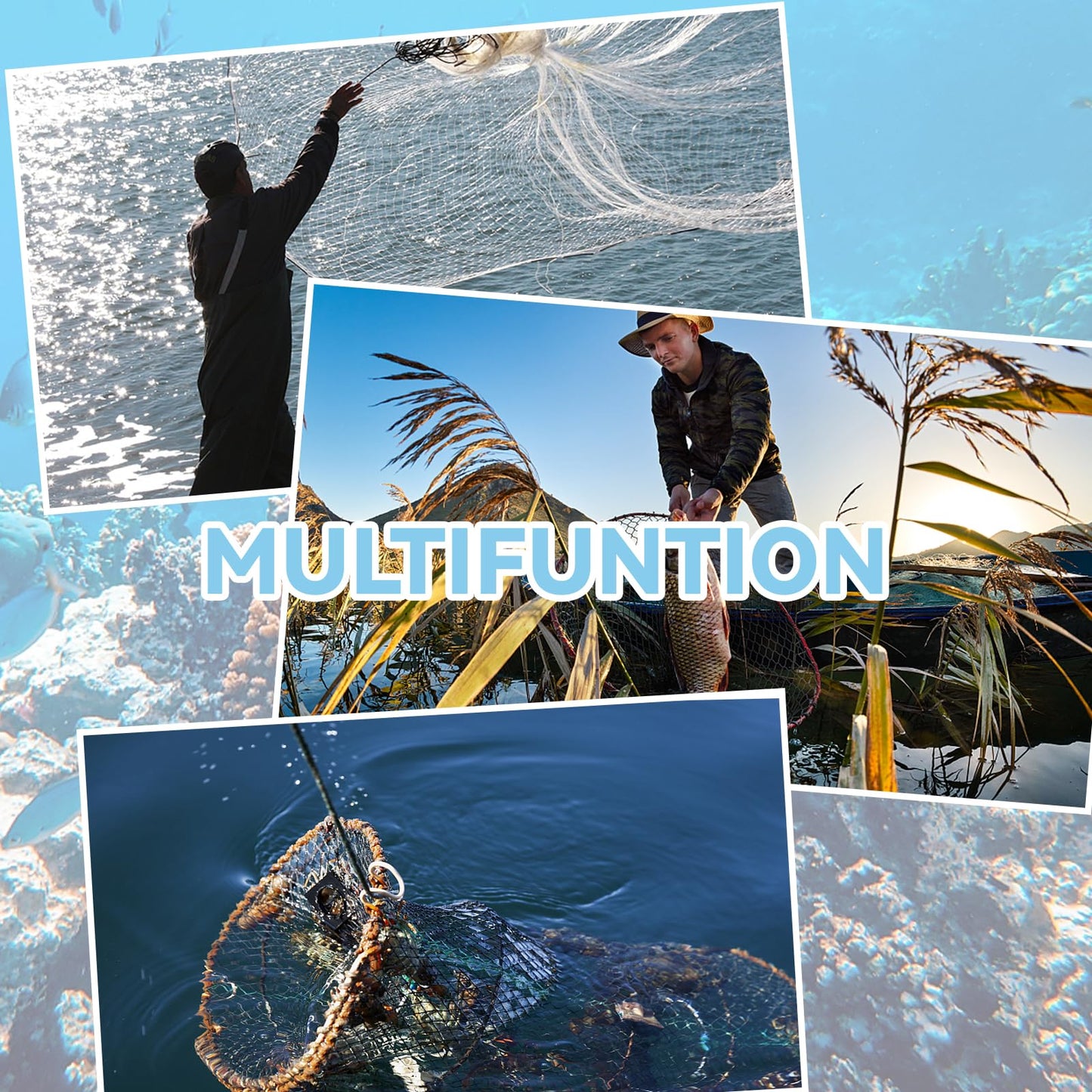 3 Pcs Foldable Fishing Net Accessories :Fishing Cast Net with Heavy Duty Real Zinc Sinker Weights丨 Fishing Landing Net with Telescoping Pole Handle 丨Crab Crayfish Shrimp Crab Trap