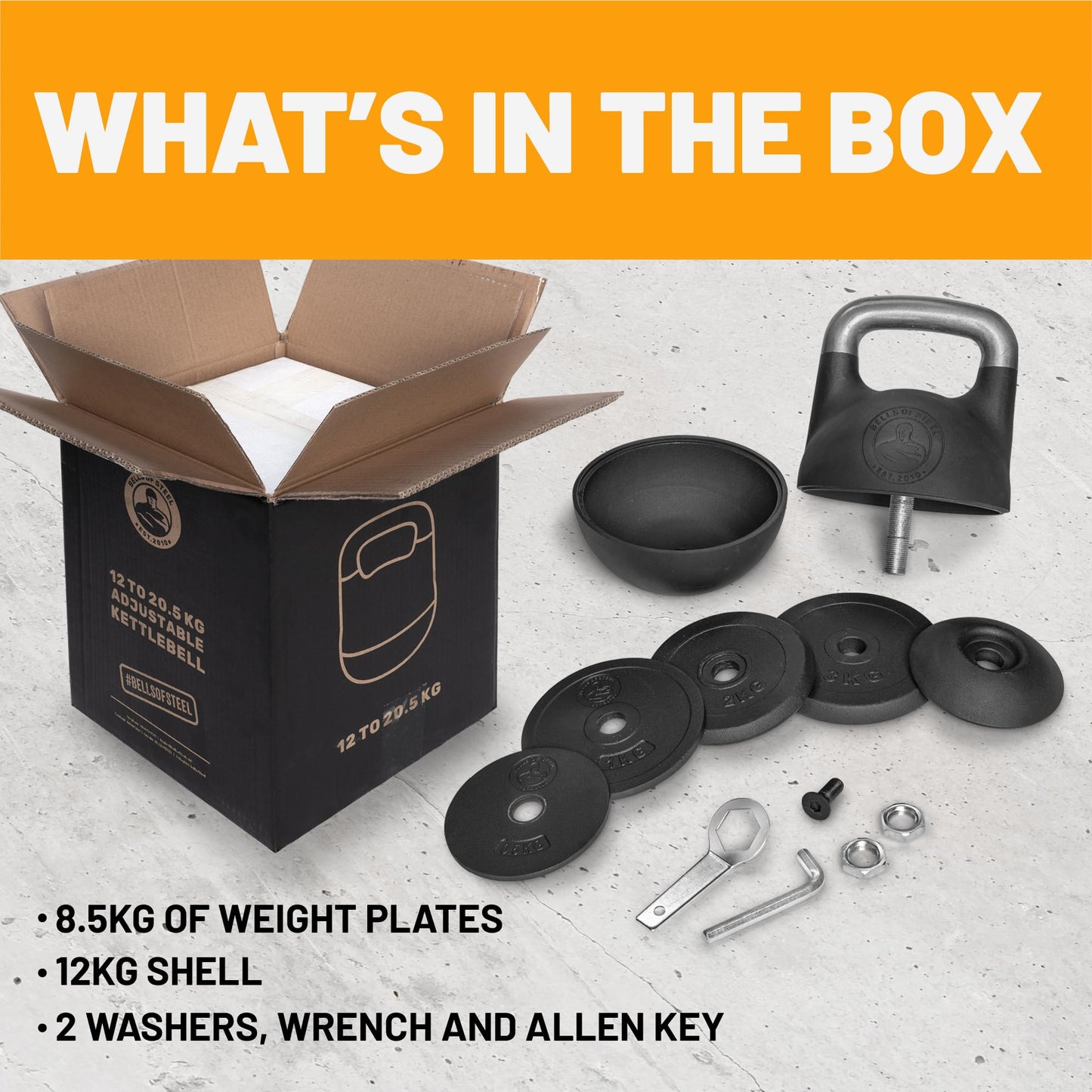 Adjustable Kettlebell Set [Bells of Steel] Kettle Bell Weight Set, Steel Shell, Internally-Loaded for Full Body Workouts, Competition Standard 35mm Handle, 12-20.5kg