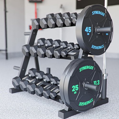 Synergee 3-Tier Dumbbell Storage Rack with 2 Barbell Holders and 4 Weight Plate Pegs – Holds 1" and 2" Weight Plates – All-in-One Home Gym Equipment Organizer