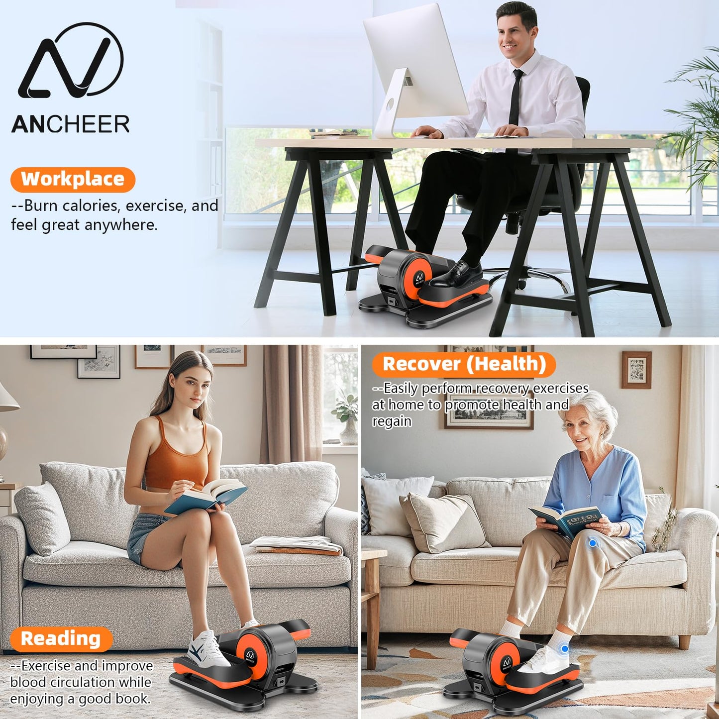 ANCHEER Under Desk Elliptical Machine, Foot Exerciser While Sitting , Ellipse Leg Exerciser for Seniors with 12 Adjustable Speeds, Exercise Equipment for Home,Orange