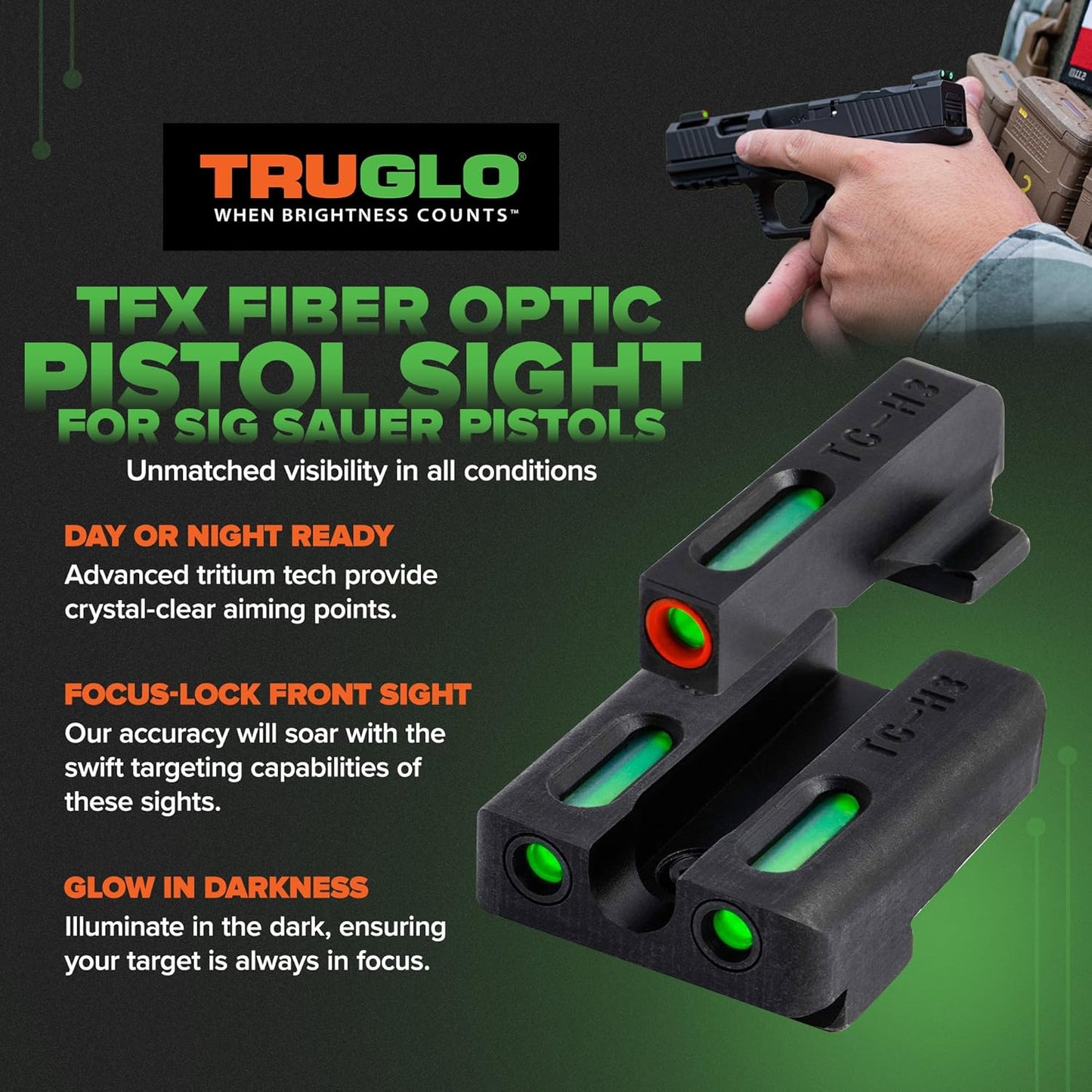 Truglo TFX PRO Night Sight for Handguns - Glowing Tritium & Fiber Optic, Compact & Durable