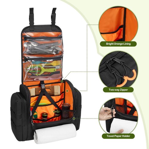 HODRANT Large Tactical Camping Kitchen Organizer, Hanging Cookware Storage Bag with Paper Towel Holder & Multi Pockets, Portable Camp Utensil Organizer for BBQ Cooking Essentials, Black, Bag Only
