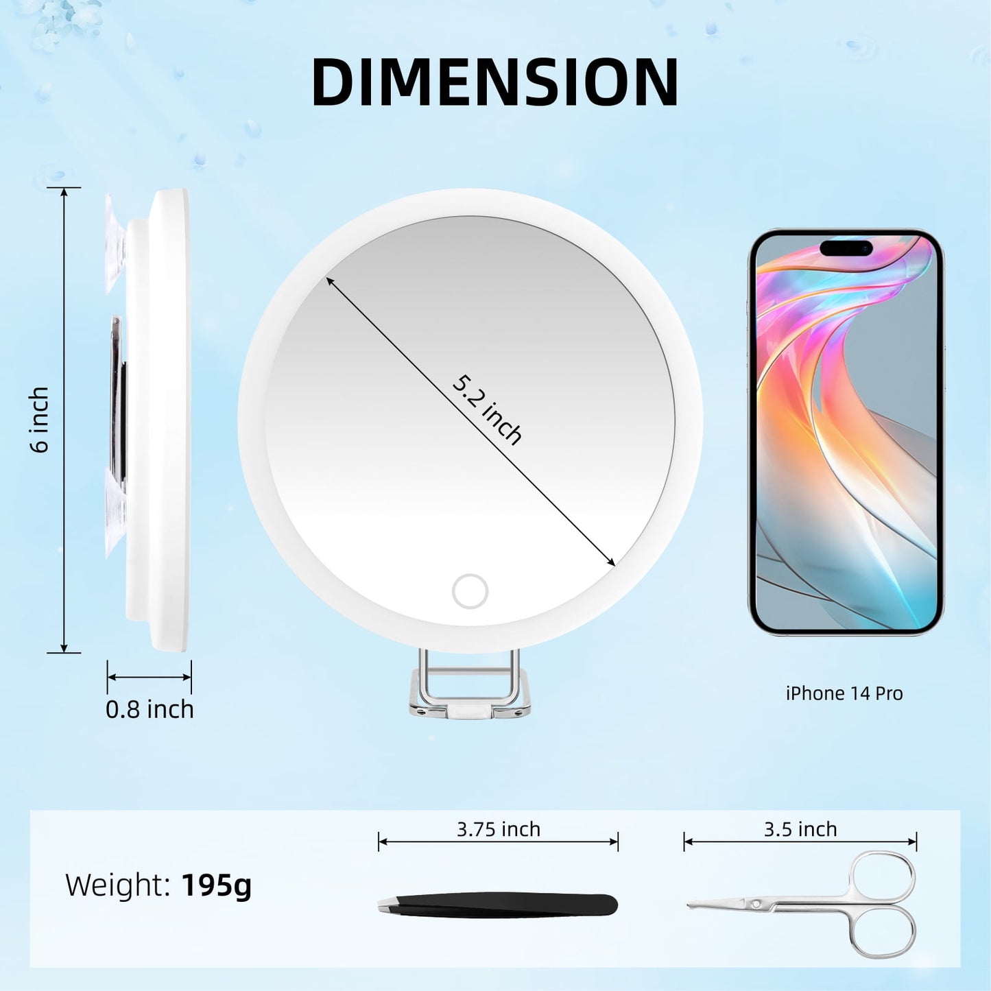 10X Magnifying Lighted Mirror | Rechargeable, Dimmable, Suction Cups | Home & Travel
