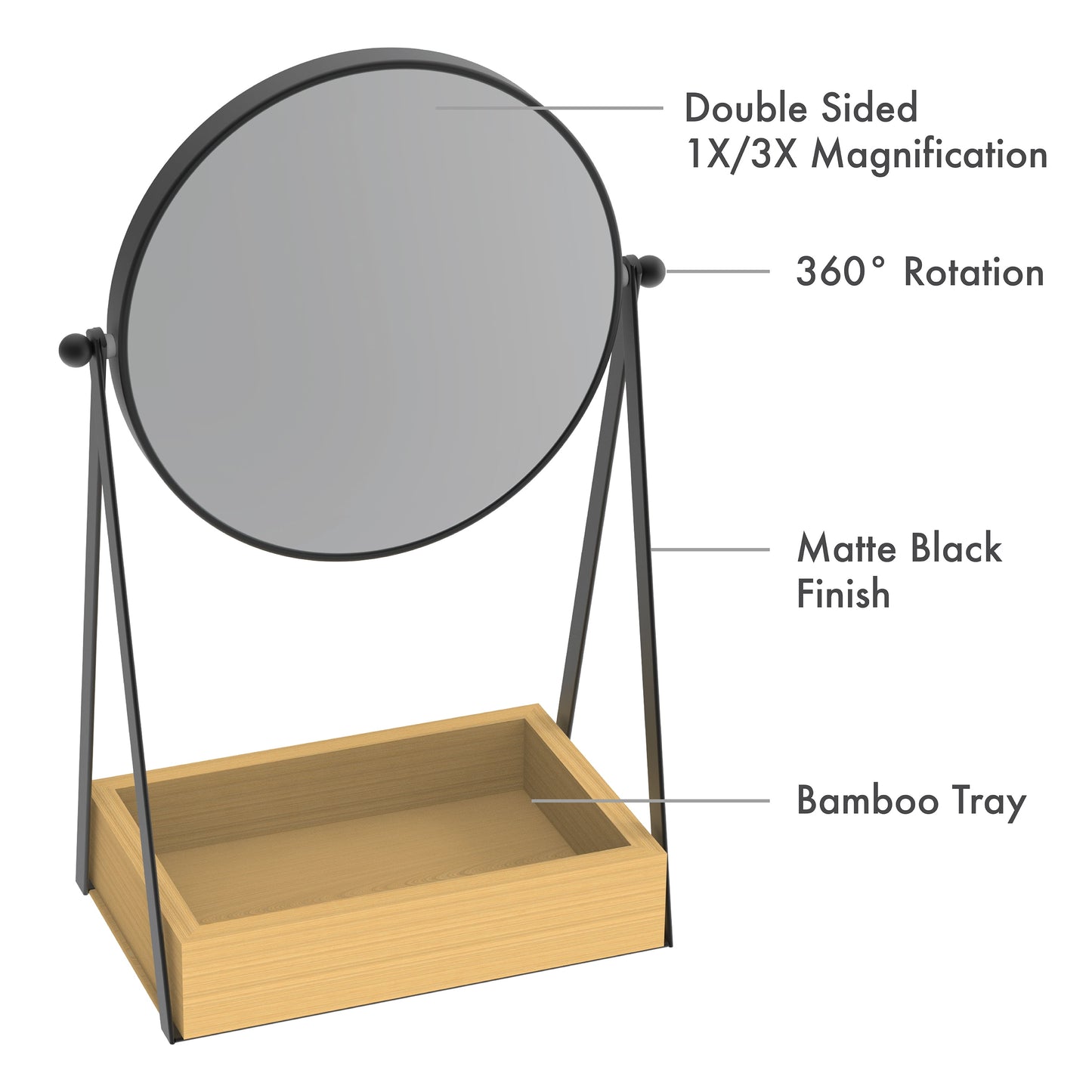 6.5-Inch Vanity Mirror | Desk Mirror with 1X/3X Magnification & Bamboo Tray